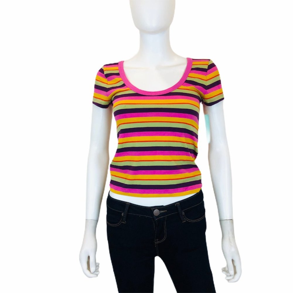 Abound Shirt Womens Small Pink Striped Scoop Neck Short Sleeve Cotton Stretch